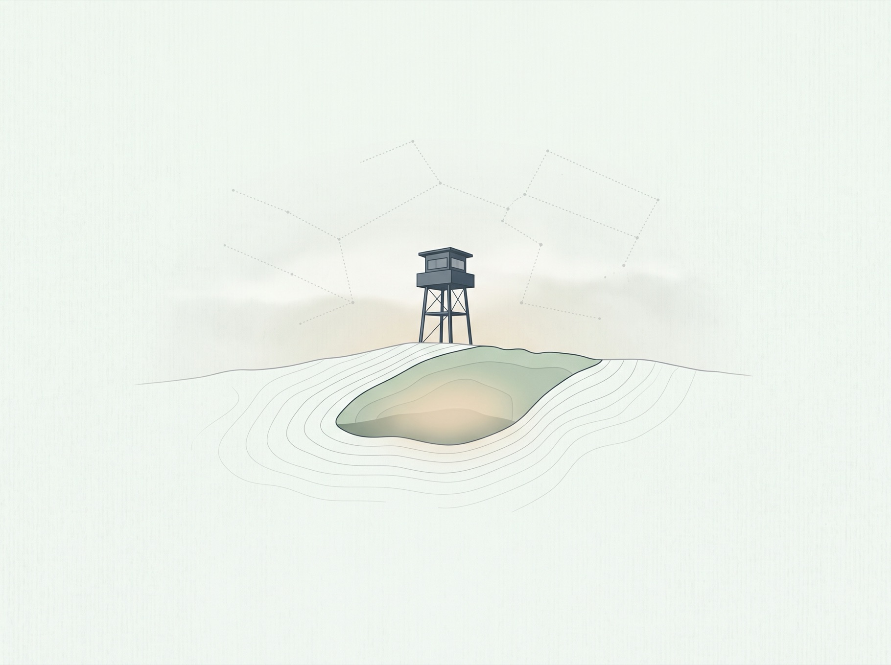 Small watchtower on a mist-covered ridge above a sheltered hollow, contour lines fading into pale sky