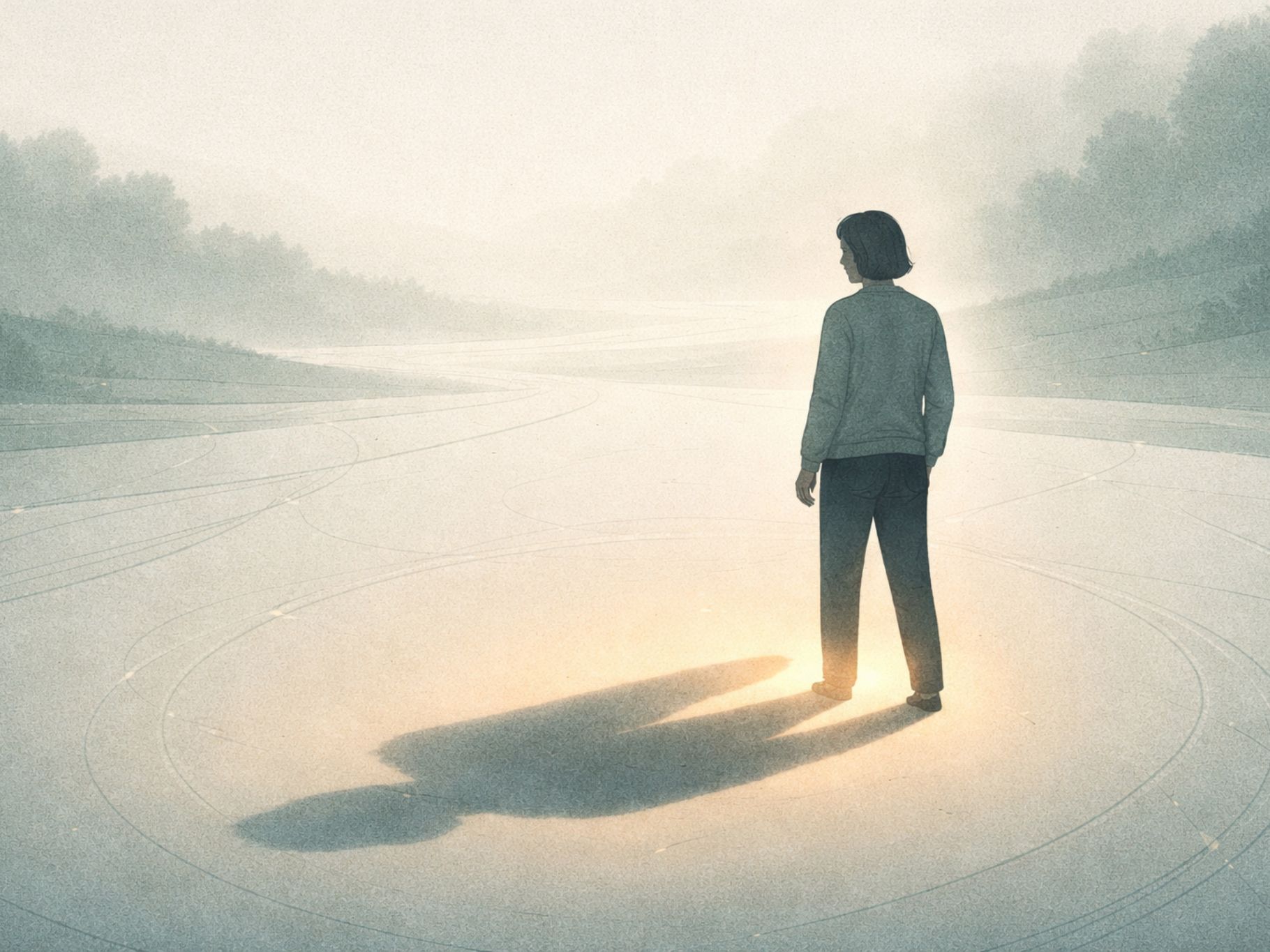 A figure noticing their own inner reaction in a pale clearing