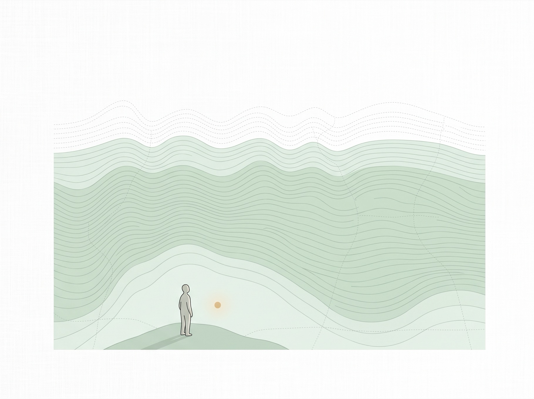 Wide contour-line field with a faint repeating ripple and a small watchful figure at its edge