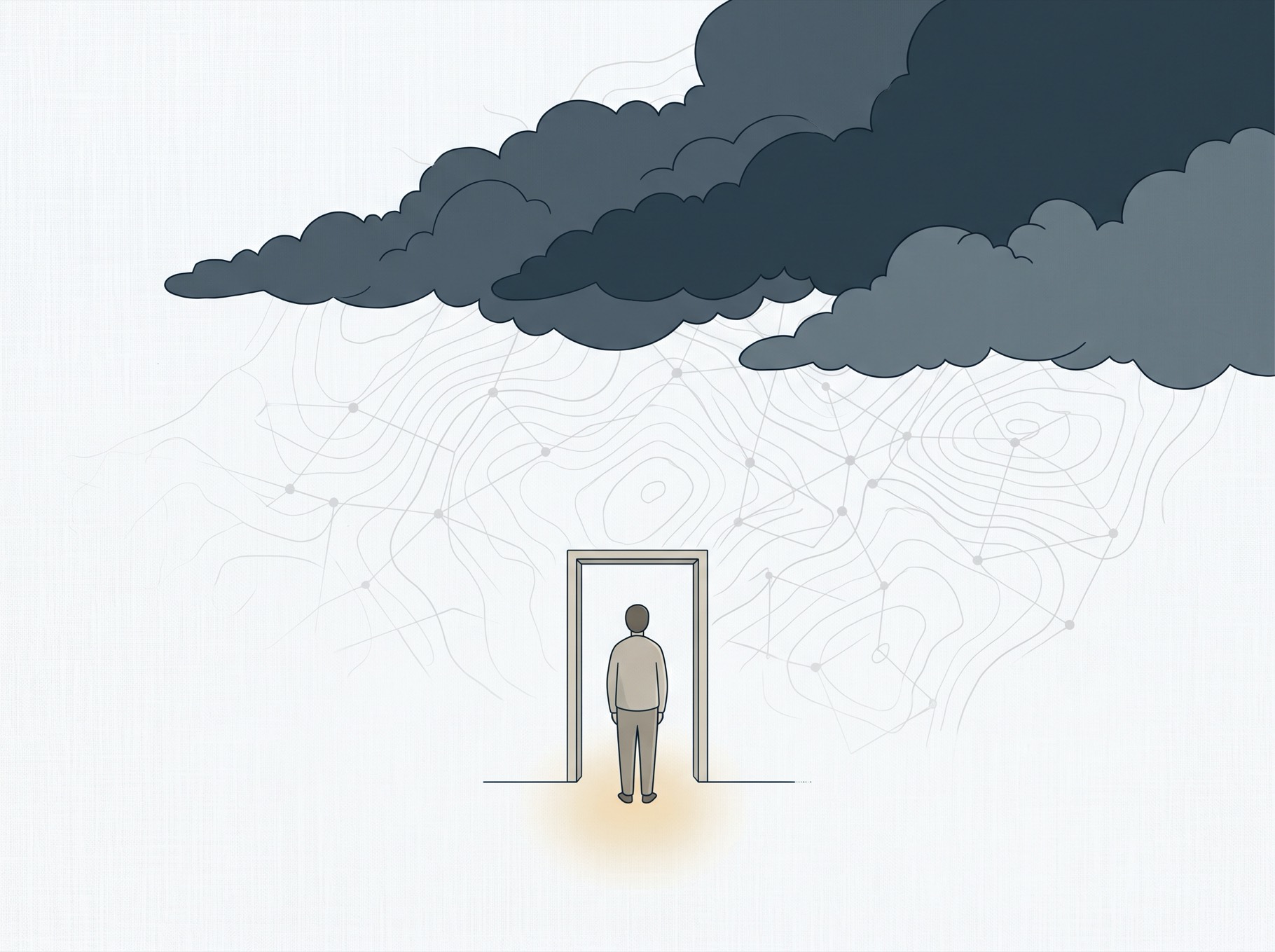 Faceless figure at a threshold as a dark slate cloud gathers and breaks over a pale field